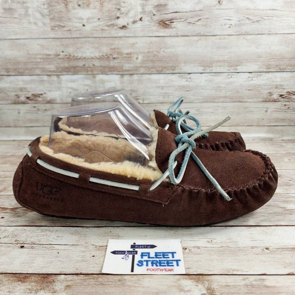 UGG Australia Women Dakota Moccasin Slipper Brown Suede Fur Lined Slip On size 9